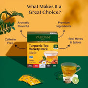 Vahdam India Turmeric Tea Variety Pack, box packaging, herbal tea varieties, 100 tea bags, 180g, prepared herbal tea
