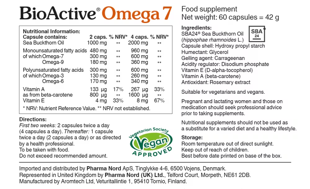 Pharma Nord BioActive Omega 7 Sea Buckthorn Oil, food supplement softgel capsule box packaging, no flavour, 60 capsules, ingredients and nutritional information