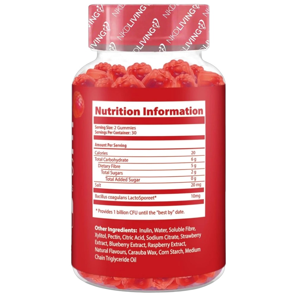 NKD Living Inulin Fibre Gummies Mixed Berry resealable pouch 60 gummies supplement facts and ingredients