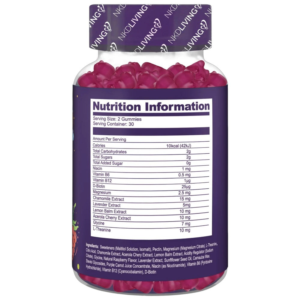 NKD Living Kids Night-Time Gummies Raspberry flavoured gummy pouch 60 gummies supplement facts and ingredients