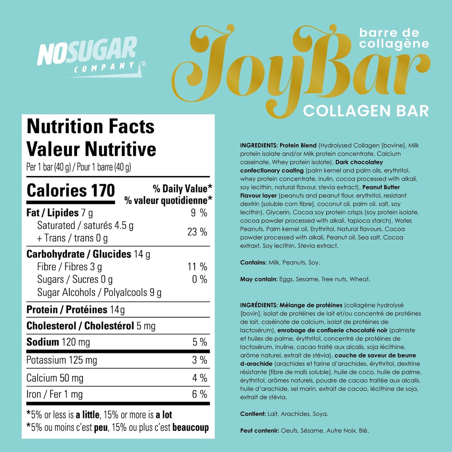 No Sugar Company JoyBar Chocolate Peanut Butter Collagen Bar nutrition and ingredient information 12x40g