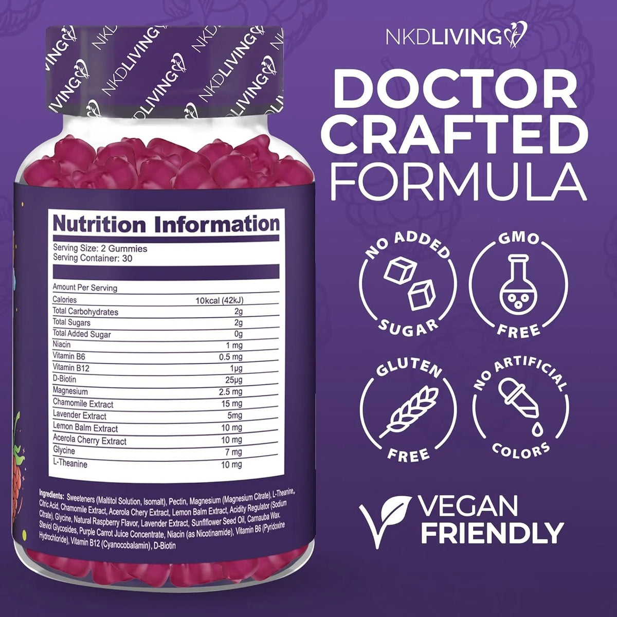 NKD Living Kids Night-Time Gummies Raspberry flavoured gummy pouch 60 gummies supplement facts and ingredients
