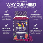NKD Living Kids Night-Time Gummies Raspberry flavoured gummy pouch 60 gummies supplement facts and ingredients