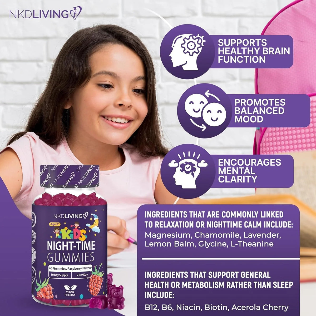NKD Living Kids Night-Time Gummies Raspberry flavoured gummy pouch 60 gummies supplement facts and ingredients