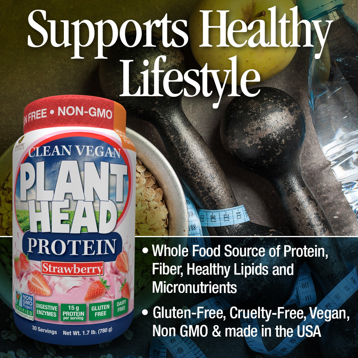 Genceutic Naturals Plant Head Vegan Protein Powder Strawberry - 780g