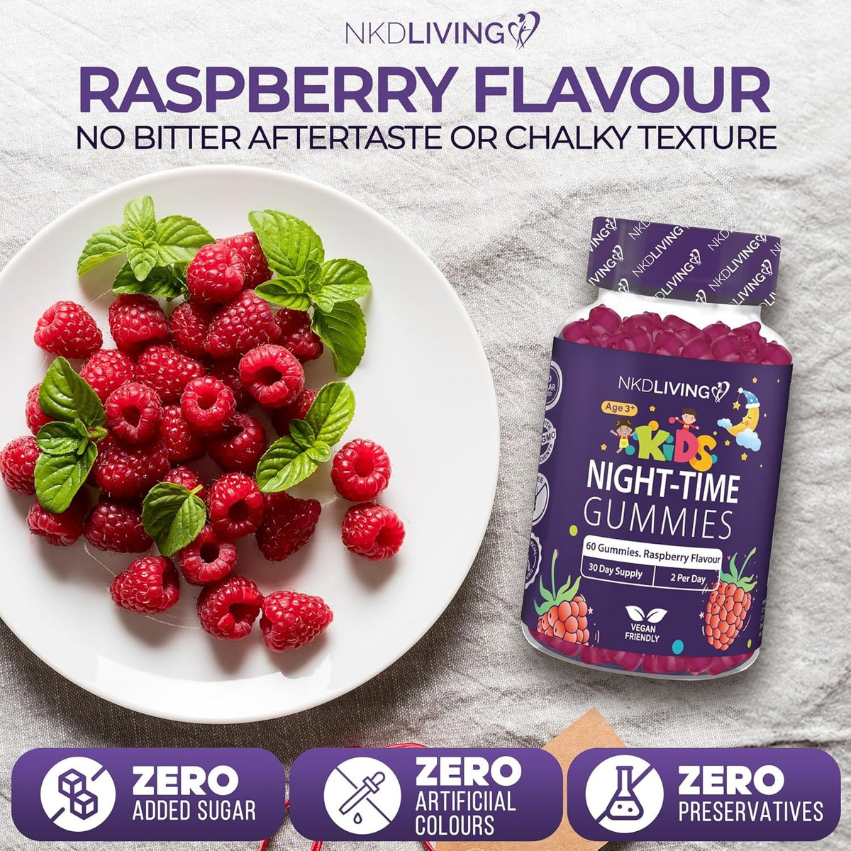 NKD Living Kids Night-Time Gummies Raspberry flavoured gummy pouch 60 gummies supplement facts and ingredients