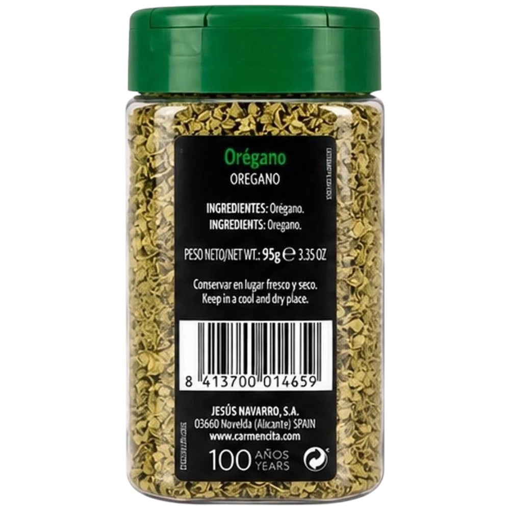 Carmencita Dried Oregano Leaves 95g container showing ingredients and allergen information & barcode
