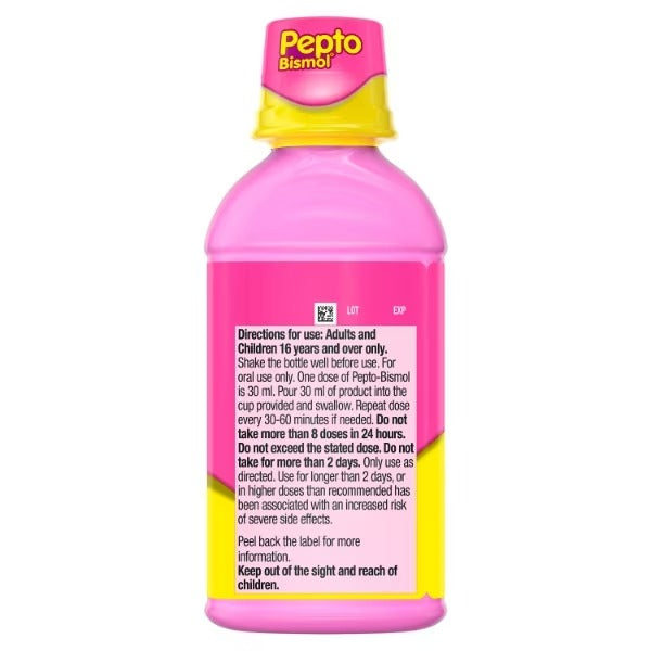 Pepto Bismol Original liquid digestive remedy ingredients label bottle original flavour 480ml