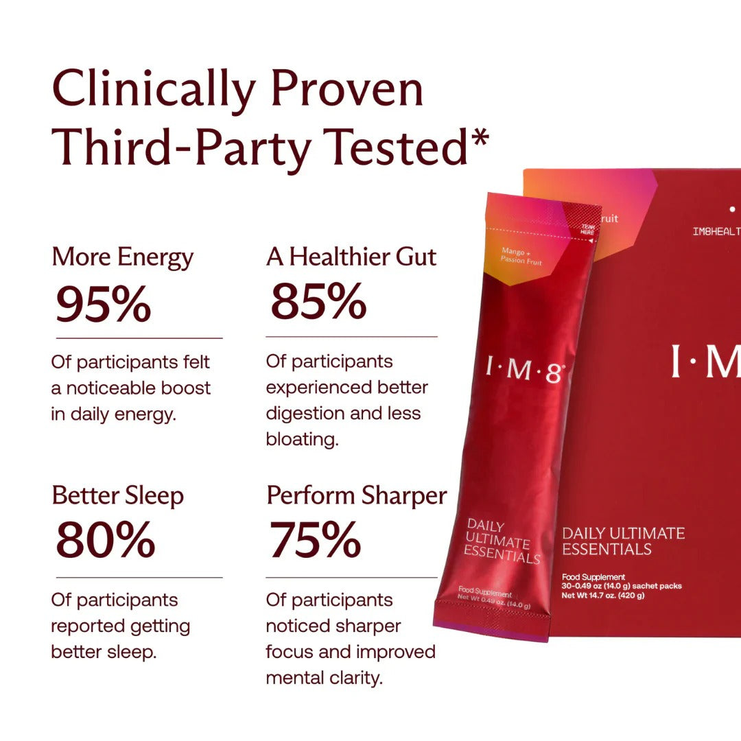 IM8 Daily Ultimate Essentials Mango & Passion Fruit nutrition facts and ingredients 30 sachets