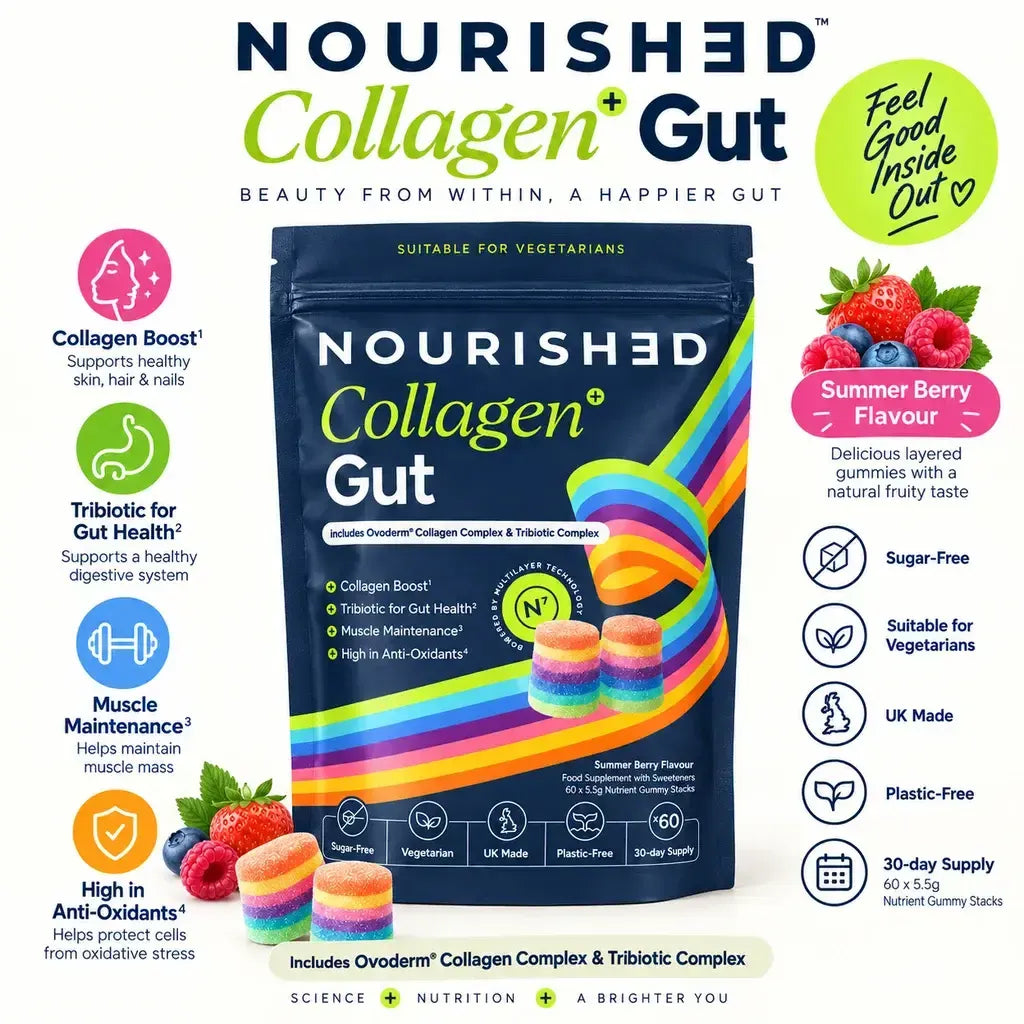 Nourished Collagen+ Gut Summer Berry flavoured gummy pouch 330g 60 gummy stacks supplement facts and ingredients
