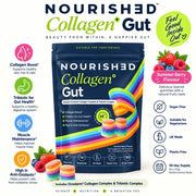 Nourished Collagen+ Gut Summer Berry flavoured gummy pouch 330g 60 gummy stacks supplement facts and ingredients