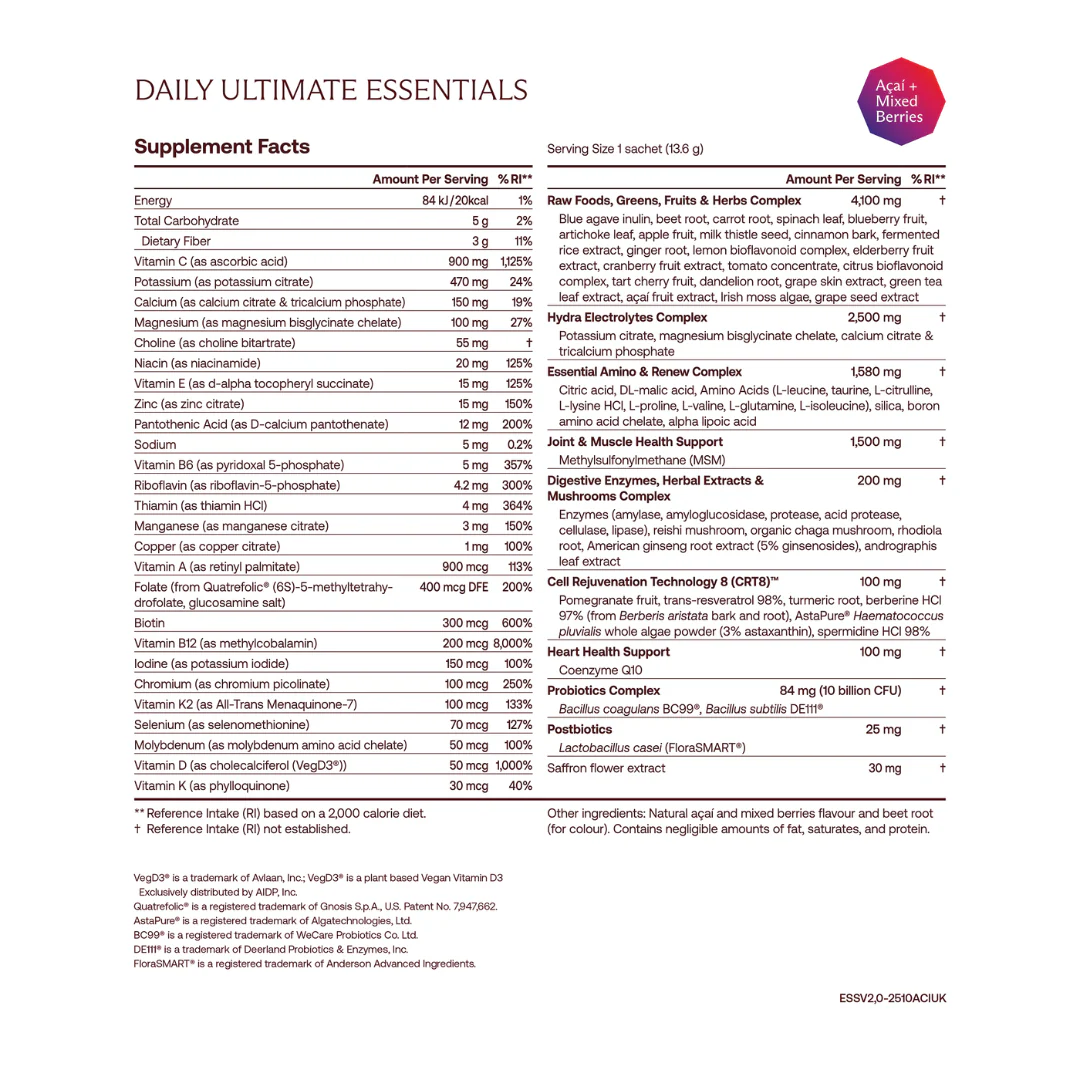 IM8 Daily Ultimate Essentials supplement facts and ingredients label od acai + mixed berry 30 sachets