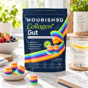 Nourished Collagen+ Gut Summer Berry flavoured gummy pouch 330g 60 gummy stacks lifestyle use
