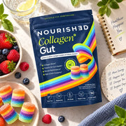 Nourished Collagen+ Gut Summer Berry flavoured gummy pouch 330g 60 gummy stacks lifestyle use