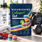Nourished Collagen+ Gut Summer Berry flavoured gummy pouch 330g 60 gummy stacks lifestyle use