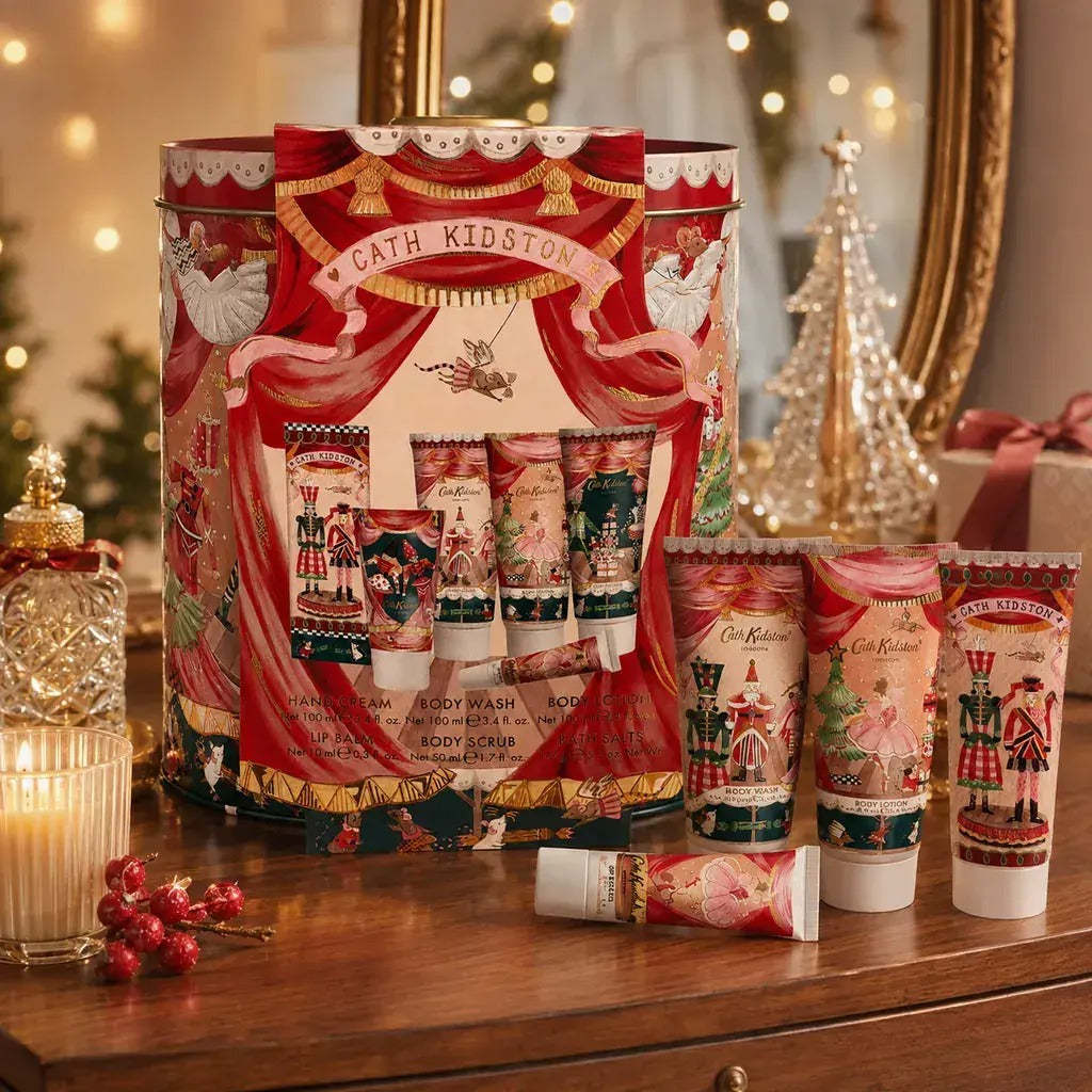 Cath Kidston Nutcracker Theatre Body Treats gift set hand cream body wash lotion scrub bath salts lip balm 6 piece lifestyle use image