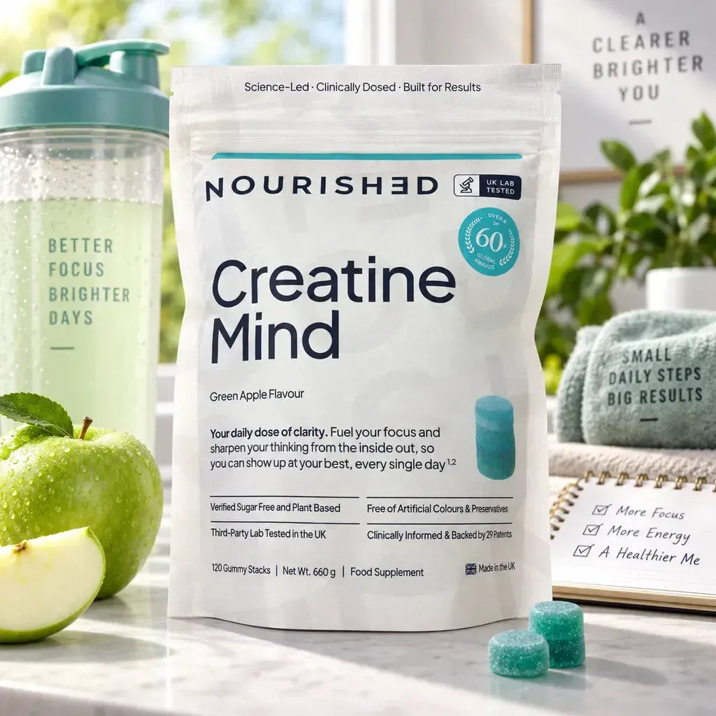 Nourished Creatine Mind Green Apple flavoured gummy stacks pouch 660g 120 stacks lifestyle use