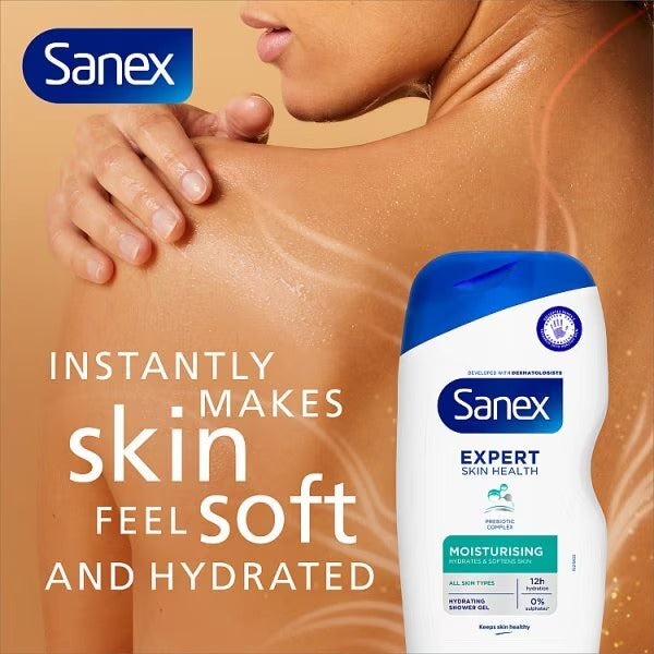 Sanex Expert Skin Health Moisturising Shower Gel, bottle packaging, no flavour, 450ml, body cleansing use