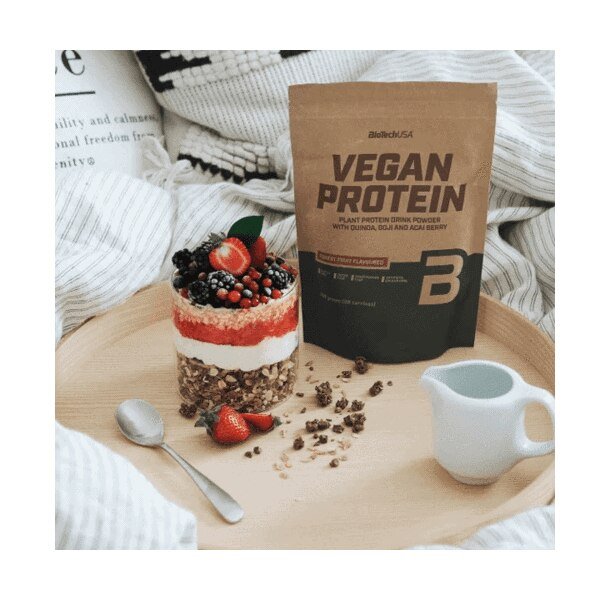Lifestyle/use image: BioTechUSA Vegan Protein chocolate cinnamon plant protein powder 2kg