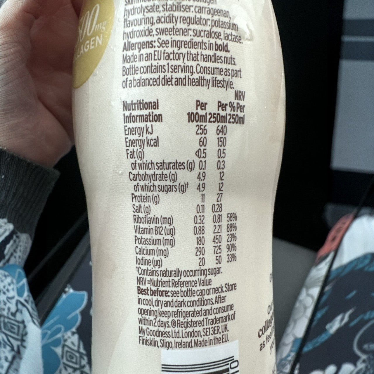 Supplement facts & ingredients image: For Goodness Shakes collagen protein shake 250ml nutrition label ingredients