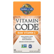 Garden of Life Vitamin Code Raw Vitamin C box, 500mg whole food capsules, vegan supplement.