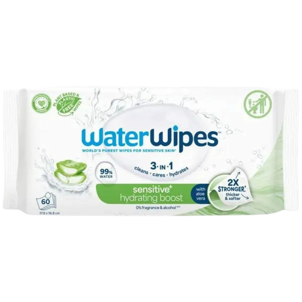 WaterWipes Sensitive+ Hydrating Boost Aloe Vera Wipes 60 count pack front packaging