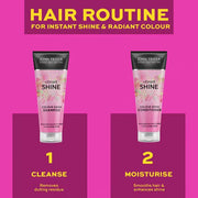 John Frieda Vibrant Shine Colour Shine Shampoo rose hip argan oil 250ml bottle product information routine