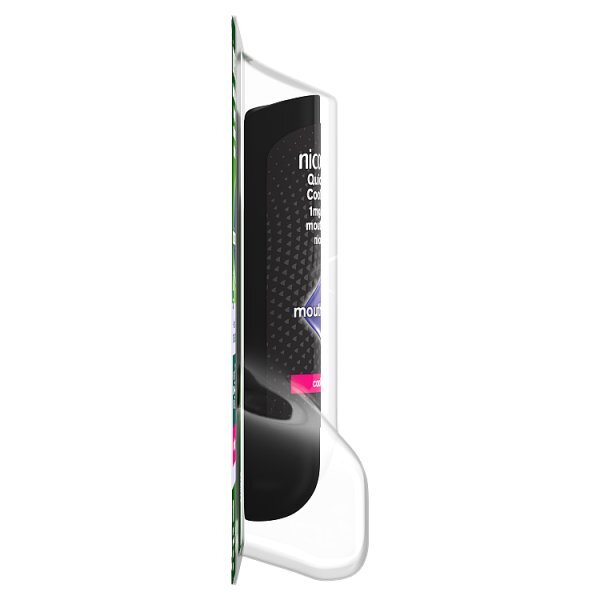 Nicorette QuickMist Cool Berry Mouth Spray 1mg 150 Sprays side view packaging.