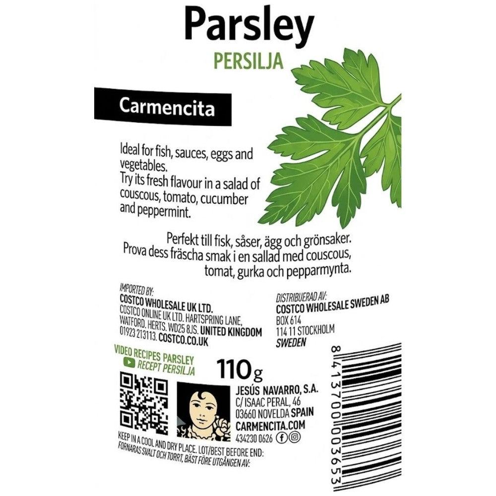 Carmencita Dried Parsley 110g packaging showing ingredients and allergen information & barcode