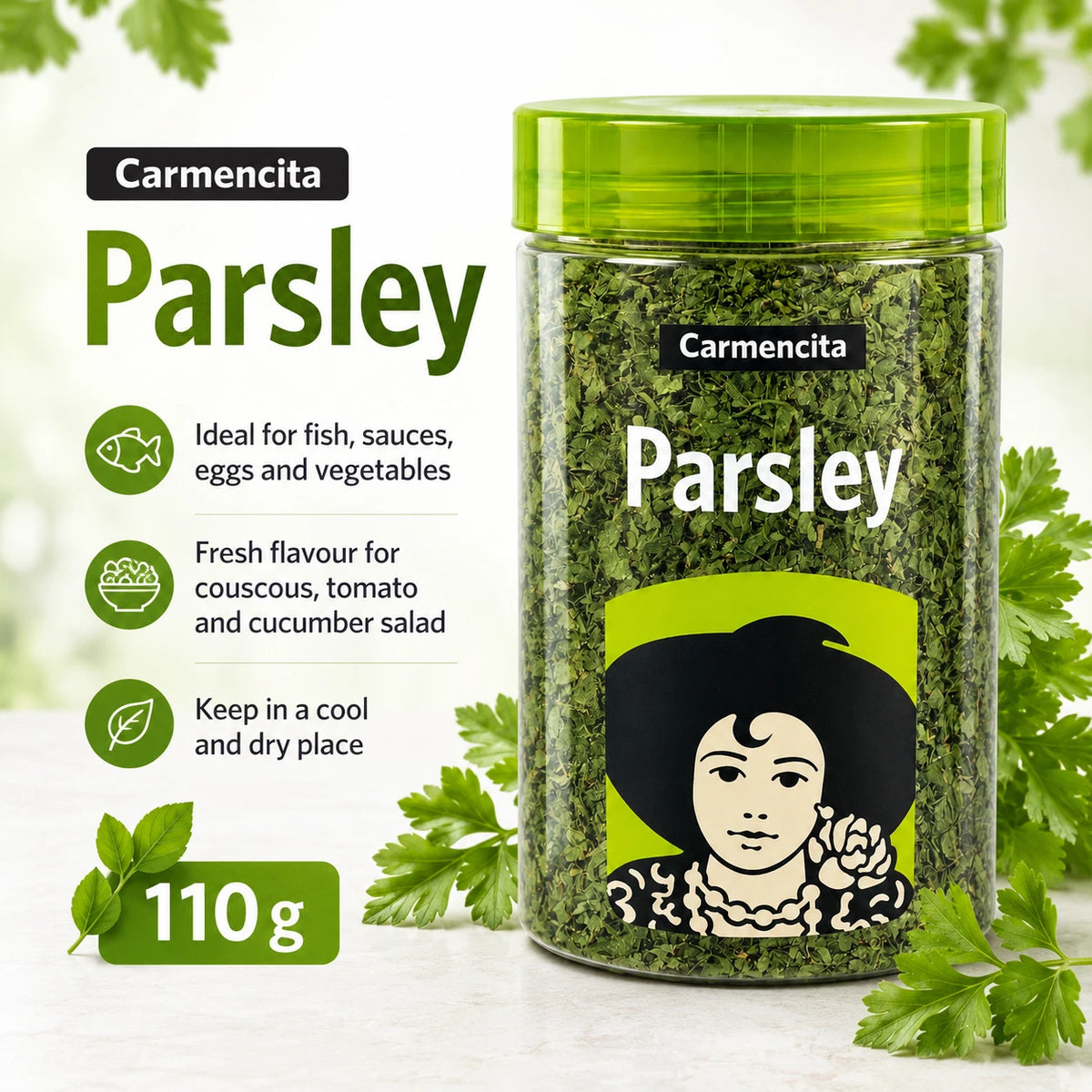 Carmencita Dried Parsley 110g packaging showing suggested uses and product information