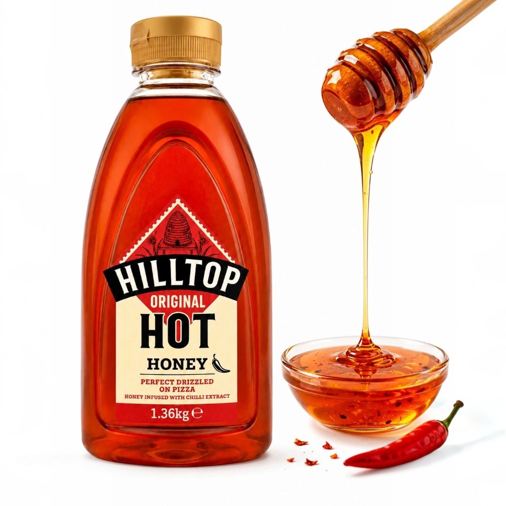 Hilltop Original Hot Honey with Chilli Extract 1.36kg bottle shown drizzling sweet and spicy honey