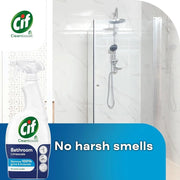 Cif Cleanboost Bathroom Limescale Cleaner Spray 700ml bottle shown beside a clean shower bathroom
