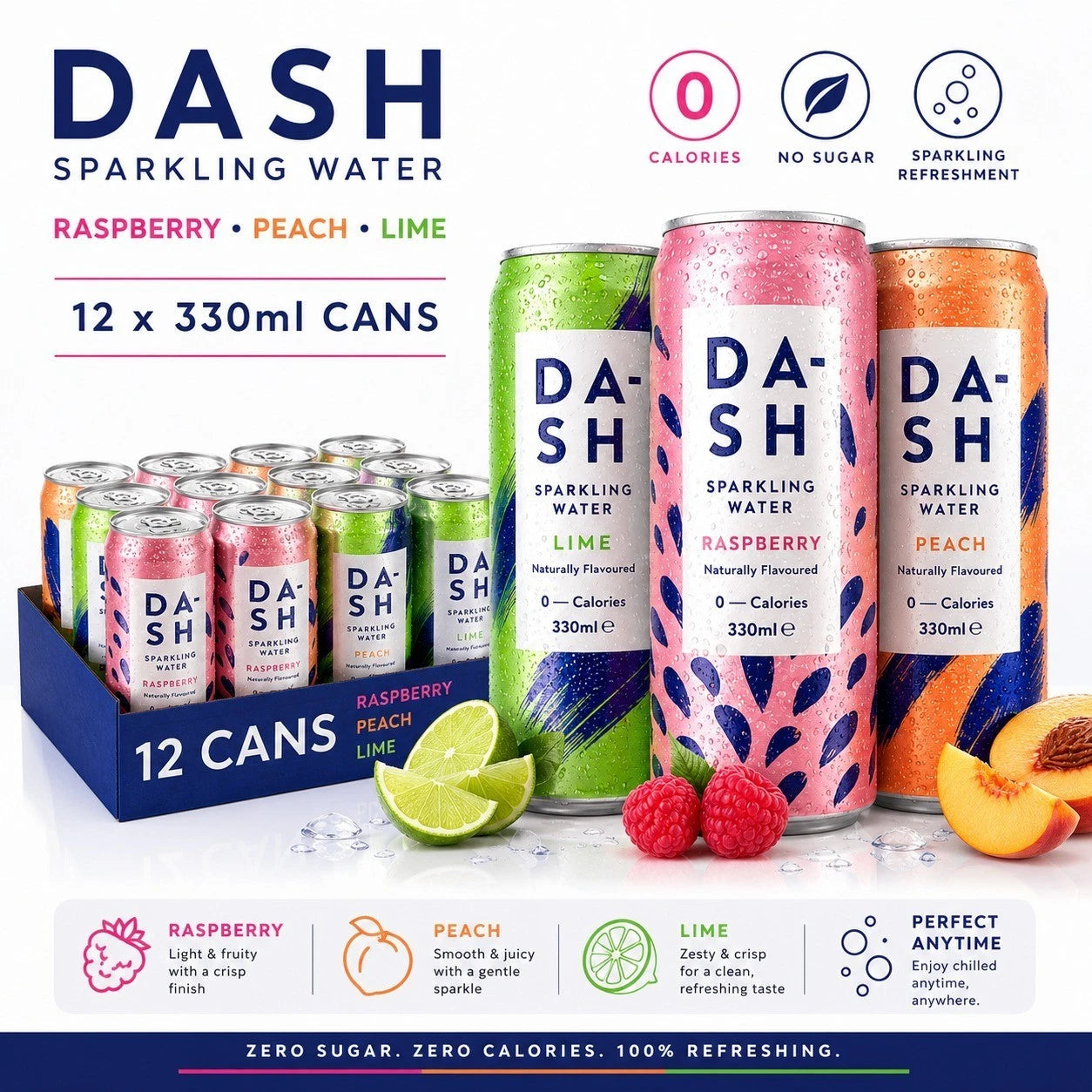DASH Sparkling Water Mixed Pack, assorted can packaging, Cherry Lime Peach Raspberry flavours, 12 x 330ml, ingredients information