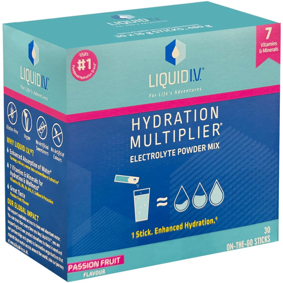 Liquid I.V. Hydration Multiplier Passion Fruit Electrolyte Powder, sachet packaging, passion fruit flavour, 30 x 16g sachets
