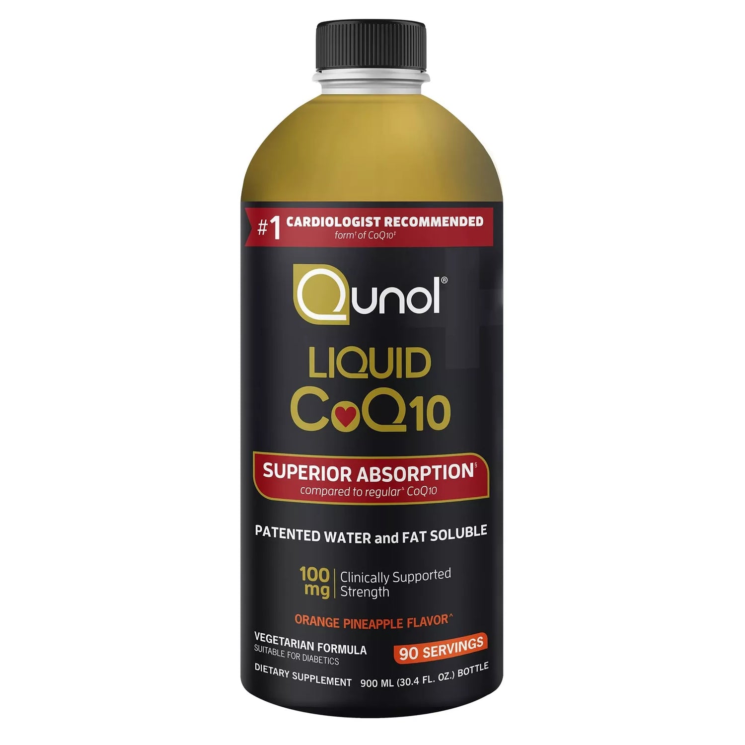 Front image: Qunol Liquid CoQ10 orange pineapple flavour liquid supplement bottle 100mg 900ml