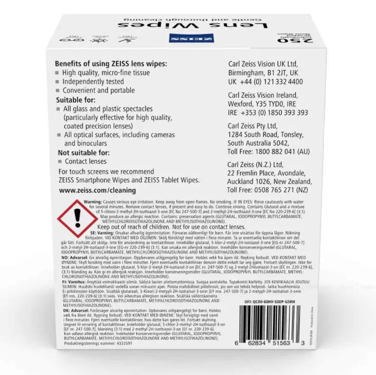Zeiss Lens Wipes 250 Individually Wrapped Moist Wipes