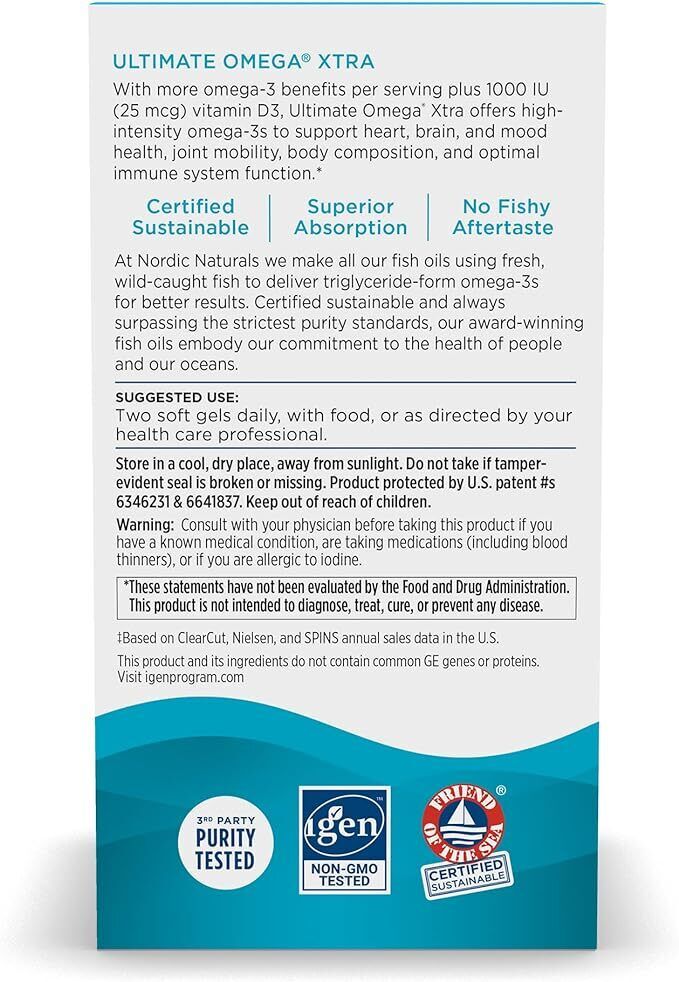Supplement facts label for Nordic Naturals maximum strength omega-3 and D3 formula.