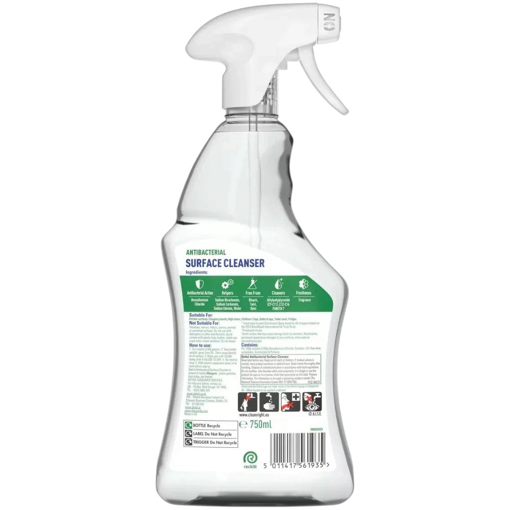 Dettol Antibacterial Surface Cleanser Spray 750ml bottle showing ingredients and product information & barcode