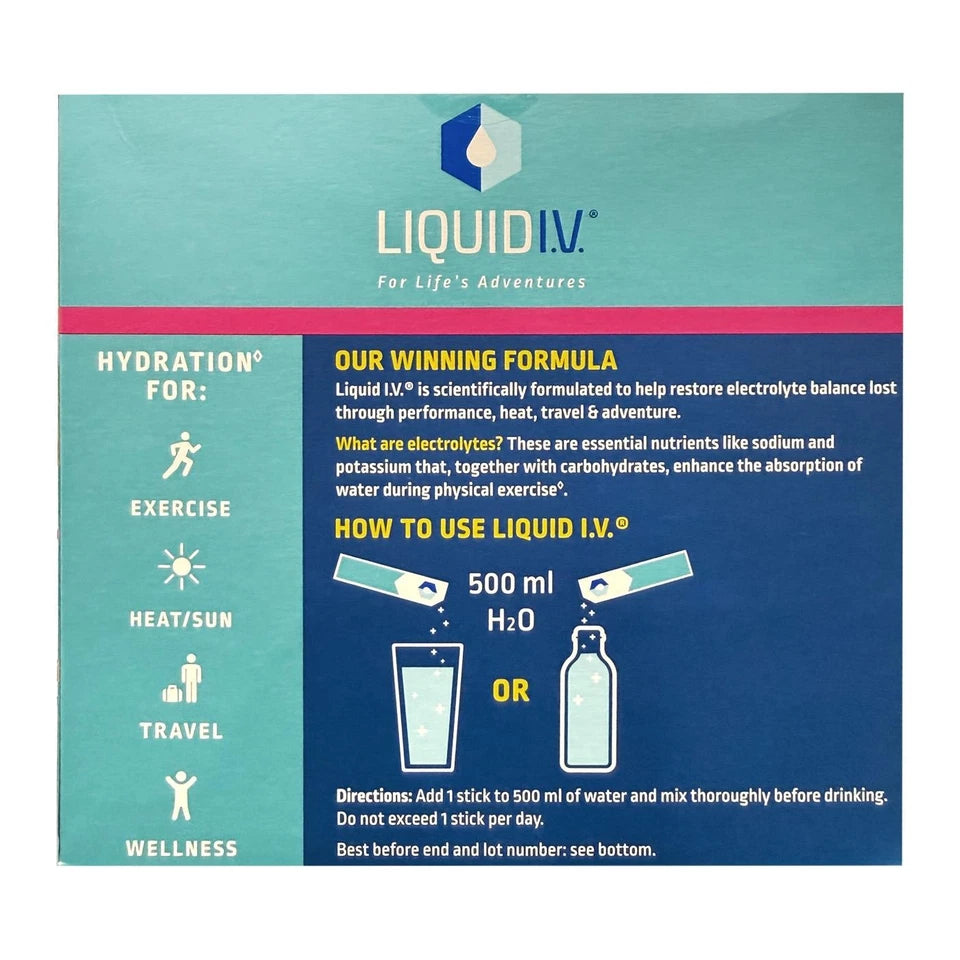 Liquid I.V. Hydration Multiplier Passion Fruit Electrolyte Powder, sachet packaging, passion fruit flavour, 30 x 16g sachets, how to use