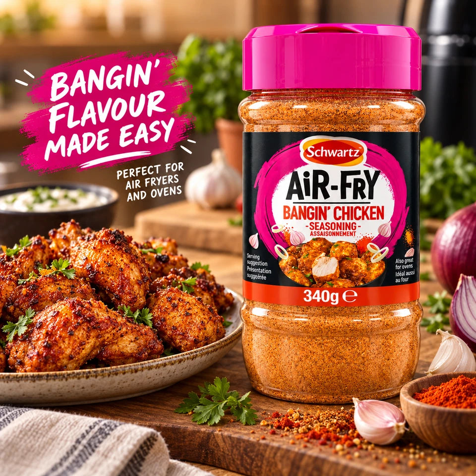 Schwartz Air-Fry Bangin' Chicken Seasoning dry seasoning shaker jar 340g lifestyle use