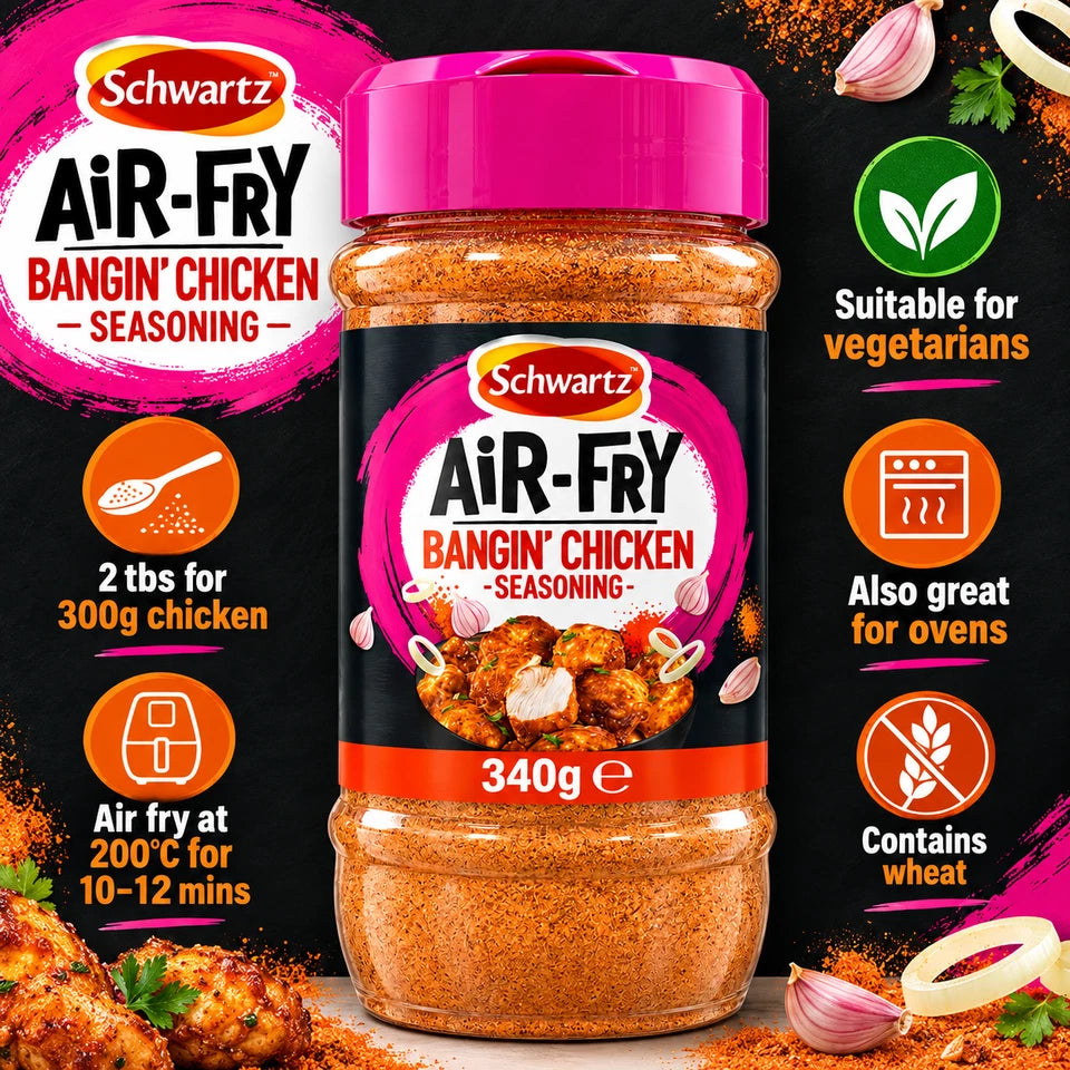 Schwartz Air-Fry Bangin' Chicken Seasoning dry seasoning shaker jar 340g ingredients