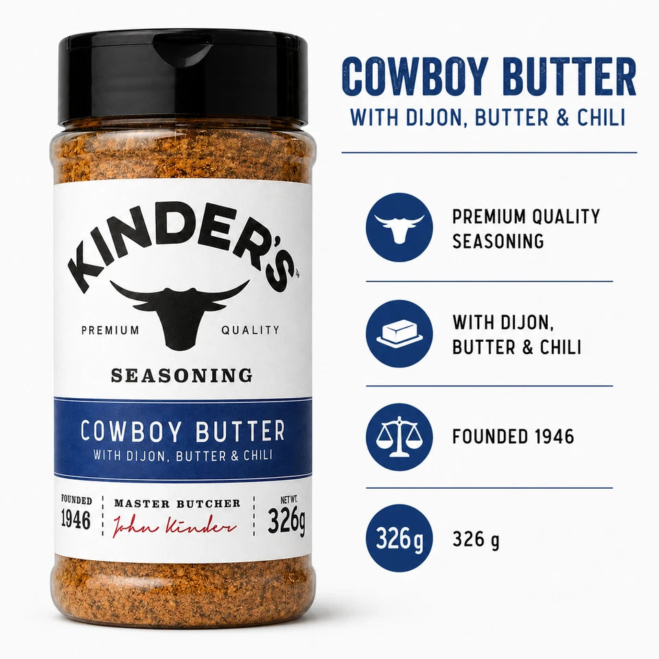 Kinder's Cowboy Butter Seasoning ingredients label 326g bottle