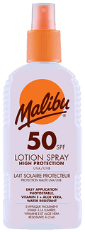 Spray lotion solaire Malibu SPF 50, résistant à l'eau avec beurre de karité, 200ml