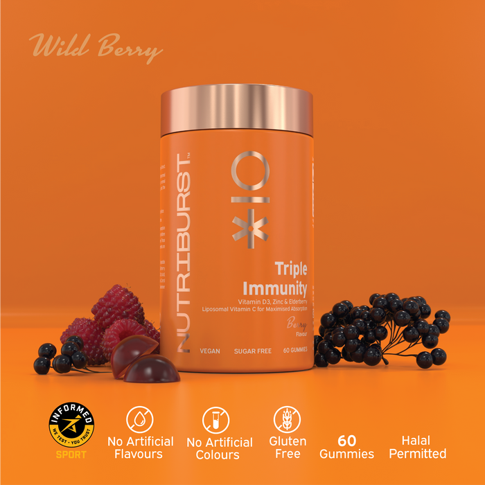 Nutriburst Immune Support Gummies bottle with Vitamin C, D3, Zinc, Elderberry.