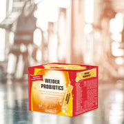 Sideview: Supplement facts and usage instructions for Weider Microbiotics probiotic sachets, shown on white background.
