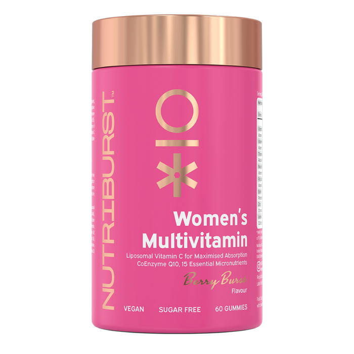 Nutriburst Women's Multivitamin Gummies bottle, berry burst flavour, 60 count.