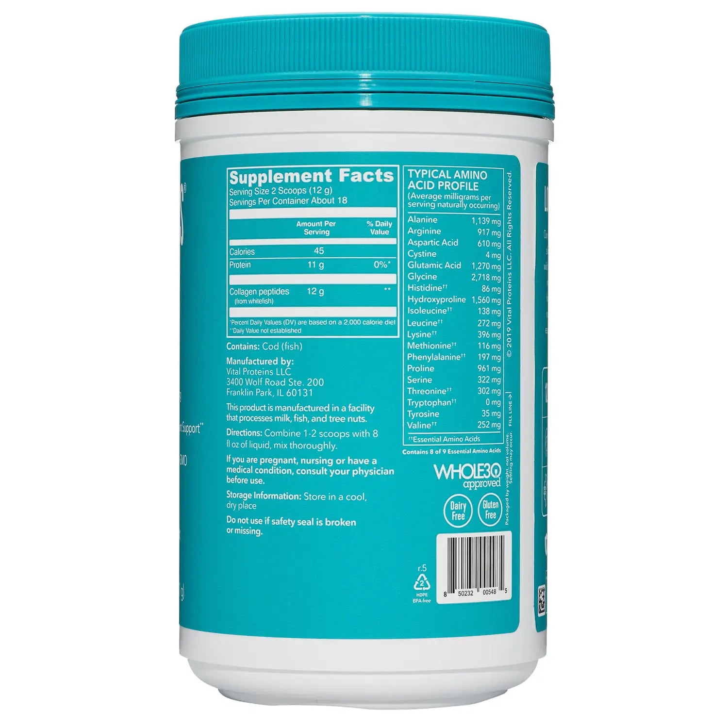 Barcode image: Vital Proteins Marine Collagen Peptides powder unflavoured tub 221g barcode
