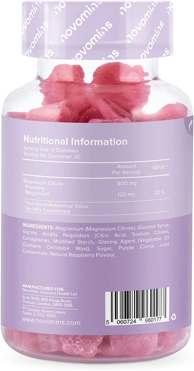 Novomins Magnesium Gummies 180mg Raspberry 60 Count ingredients nutritional label with barcode